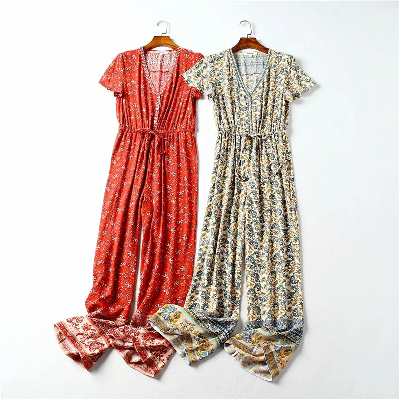 Happie Queens Women Floral Print Lace-up Boho Bodysuits with Pokctes Elastic Waist Short Sleeve Bohemian Rayon Playsuits Rompers