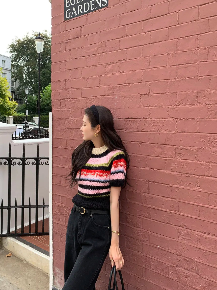 Chic Vintage Heavyweight Knitted Loose ort Sve Striped Sweater for Women Summer Collection oulder Sve