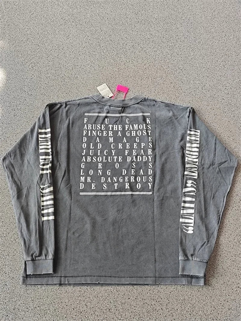 25SS Pure Cotton Saint Michael Long Sleeved T Shirts Men Women 1:1 Washed Black Manga Character Print Hoodies