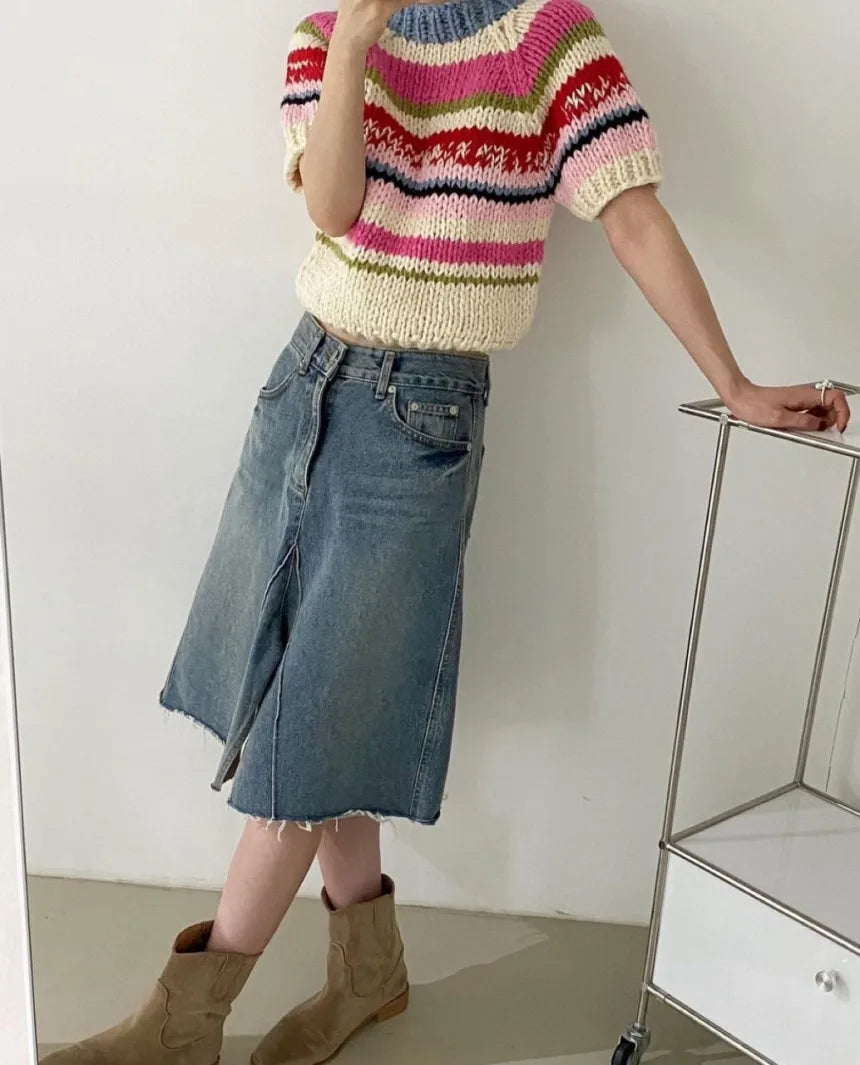 Chic Vintage Heavyweight Knitted Loose ort Sve Striped Sweater for Women Summer Collection oulder Sve