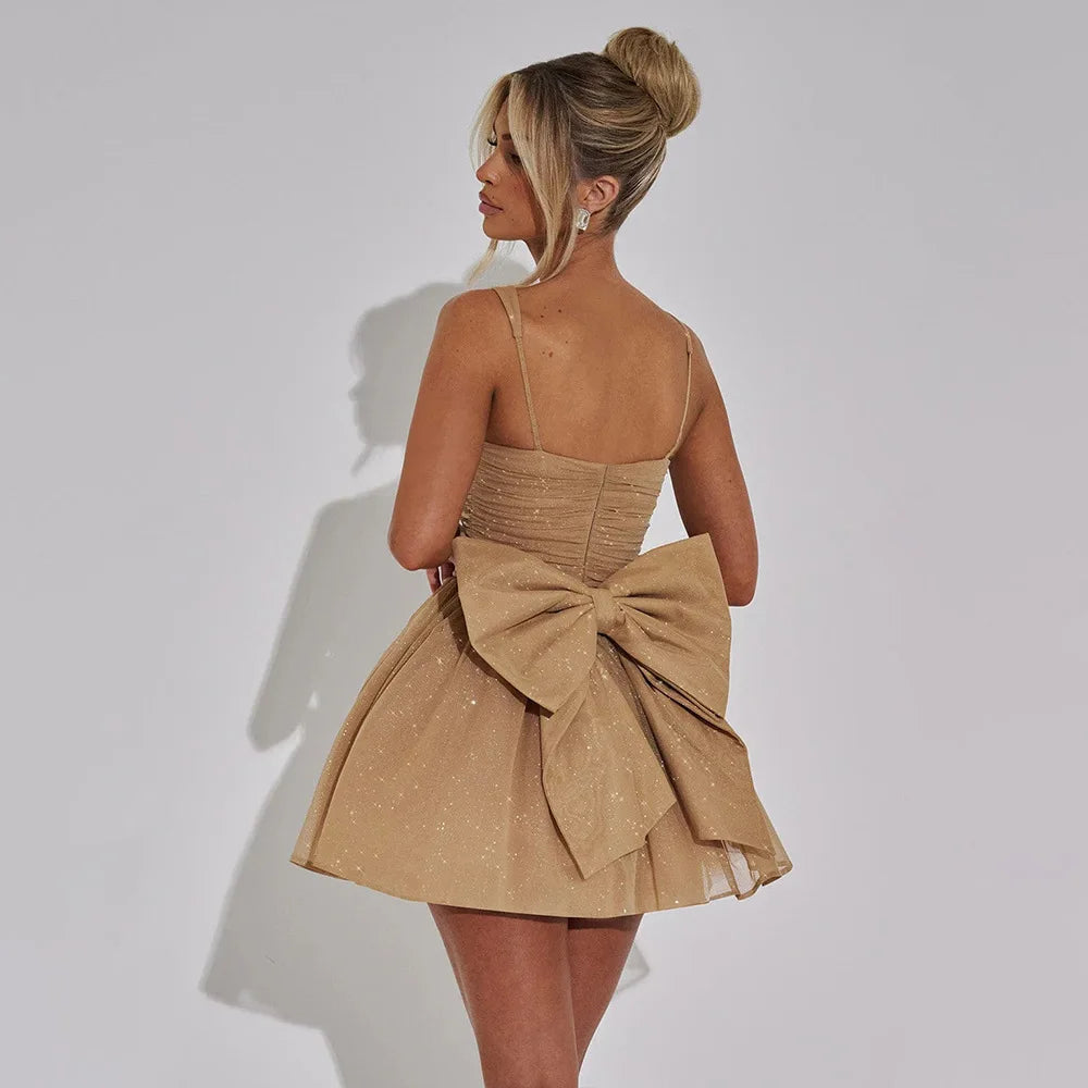 Articat Sexy Mesh Spaghetti Strap Double-layer Short For Women Elegant Sleeveless Backless Tight Shiny Bow Evening Dress 2025