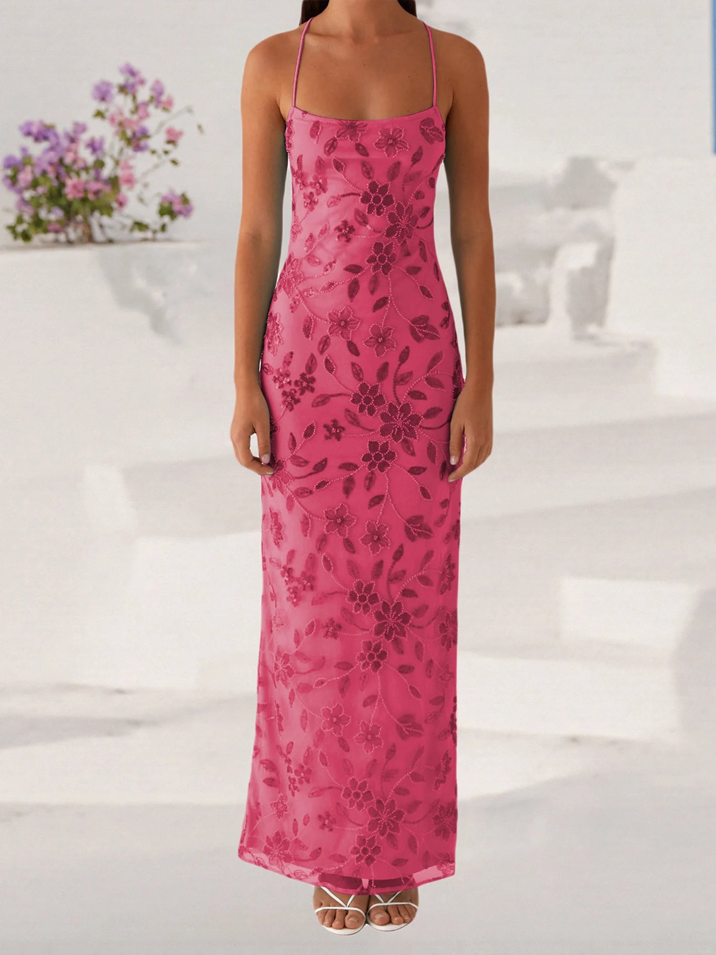 2025 Women Beaded Flower Cami Dress Slim Glitter Sequin High Split Spaghetti Strap Open Back Long Dress for Party Club Vestidos