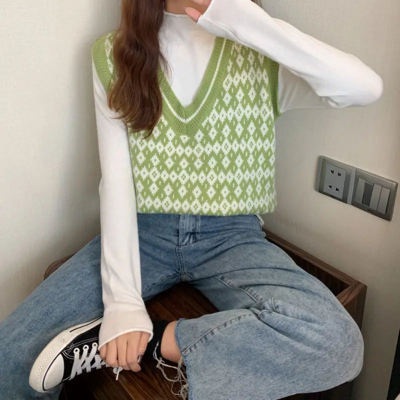 Women Sweater Vest Spring Autumn Fashion Female Casual Loose V-neck Knitted Waistcoat Sleeveless Sweater Pullover Tops Knit Vest