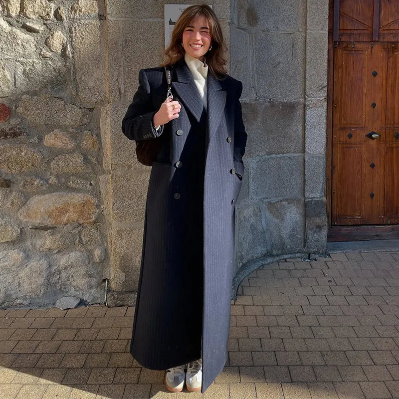 Casual Stripe Long Coat Women's Stylish V-neck Double-breasted Blazer With Shoulder Pad 2025 New Autumn Winter Ladies Outwear