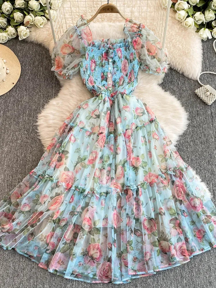 Summer Women Floral Mesh Midi Dress Sweet Square Collar Short Puff Sleeve Ruffle Vestidos Female Elegant Purple/Green/Red Robe