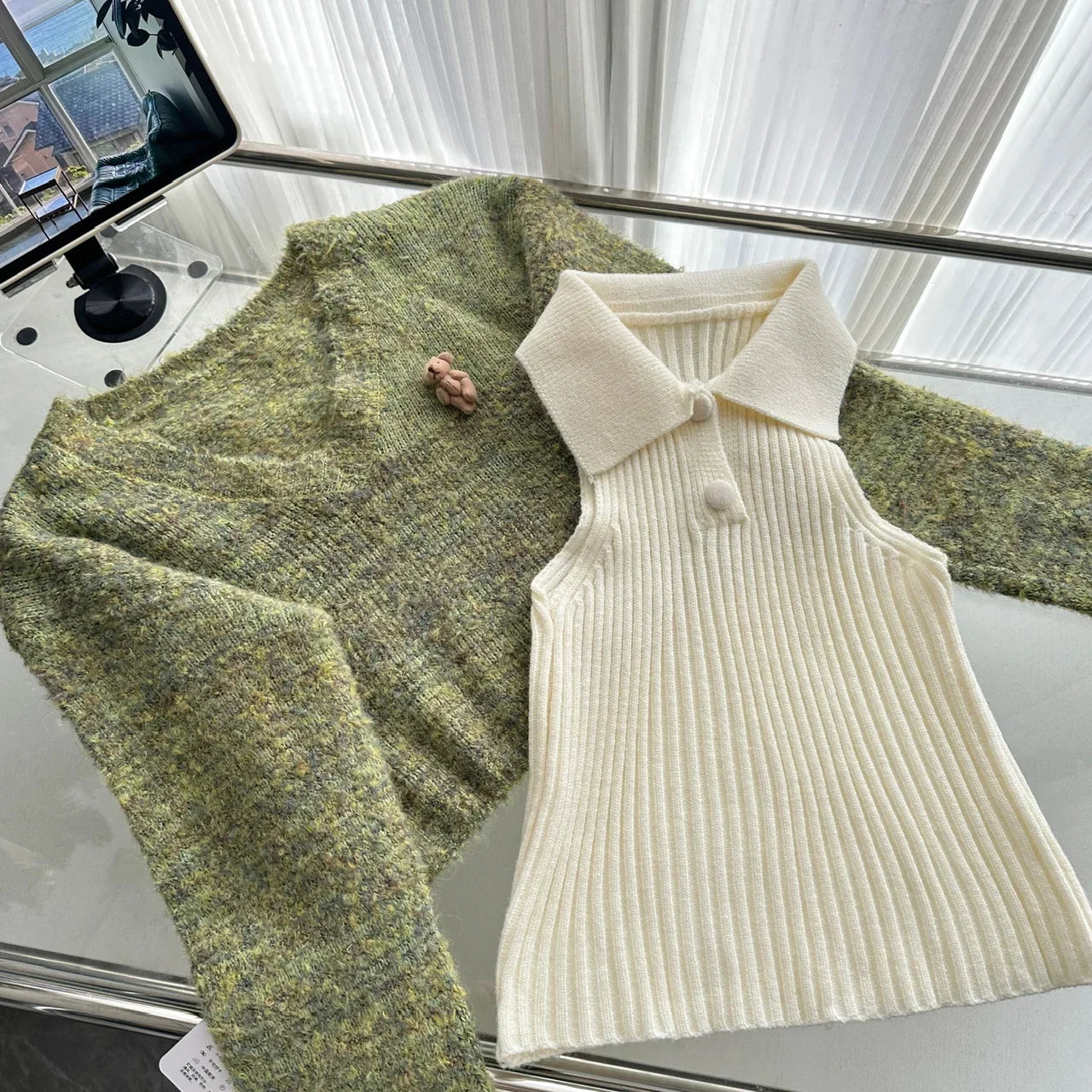 Autumn Winter Korean Cute Knitt 3 Piece Set Women Y2k Outfits Long Sleeve Crop Sweater + Knit Lapel Tank Tops + Mini Plaid Skirt
