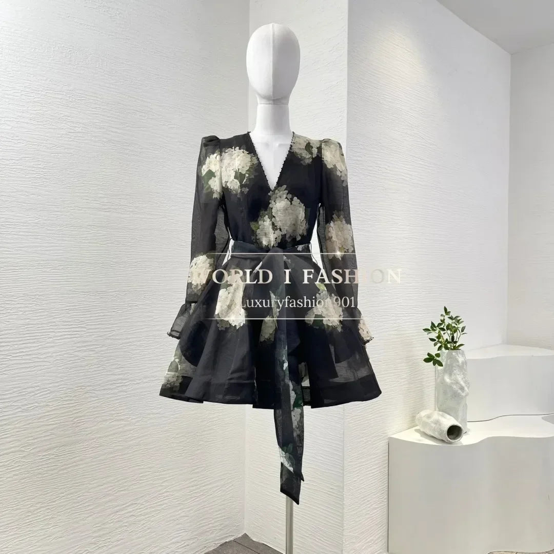 Romantic Style Women Dress Australia Luxury Design Black Hydrangea Butterfly Sleeve Mini Dresses for Summer Vacation