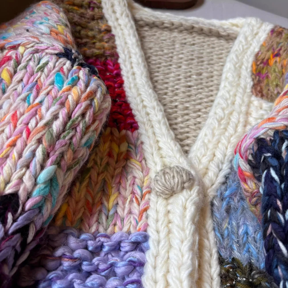 2025 Early Spring Handmade Chunky Knit Patchwork Plaid Cardigan Button Front Vintage Loose Knit Sweater Jacket for Women