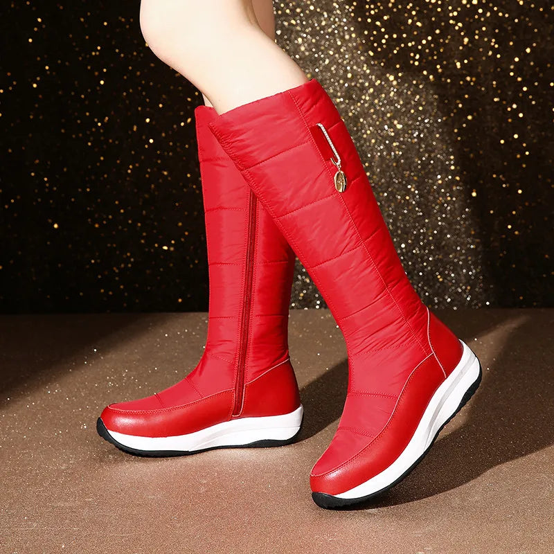 2025 Women Snow Boots Waterproof Down Plush Genuine Leather Red White Casual Travel Ladies Flat Heels Platform Knee High Boots
