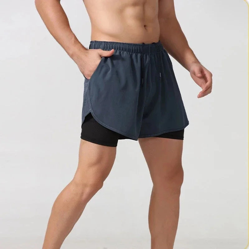 Men's Shorts 2 In 1 Fitness Training Gym Sports Short Pants Quick Dry Built-in Pocket Double-deck Beach Bottom Summer Shorts Men