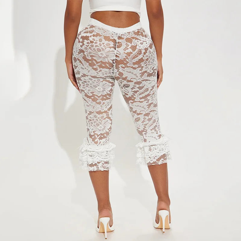 CM.YAYA Women Fashion Sexy Party Clubwear Lace Floral See Though Cascading Ruffles Hem Flare Lace Up Pants Capris 2025 Trousers