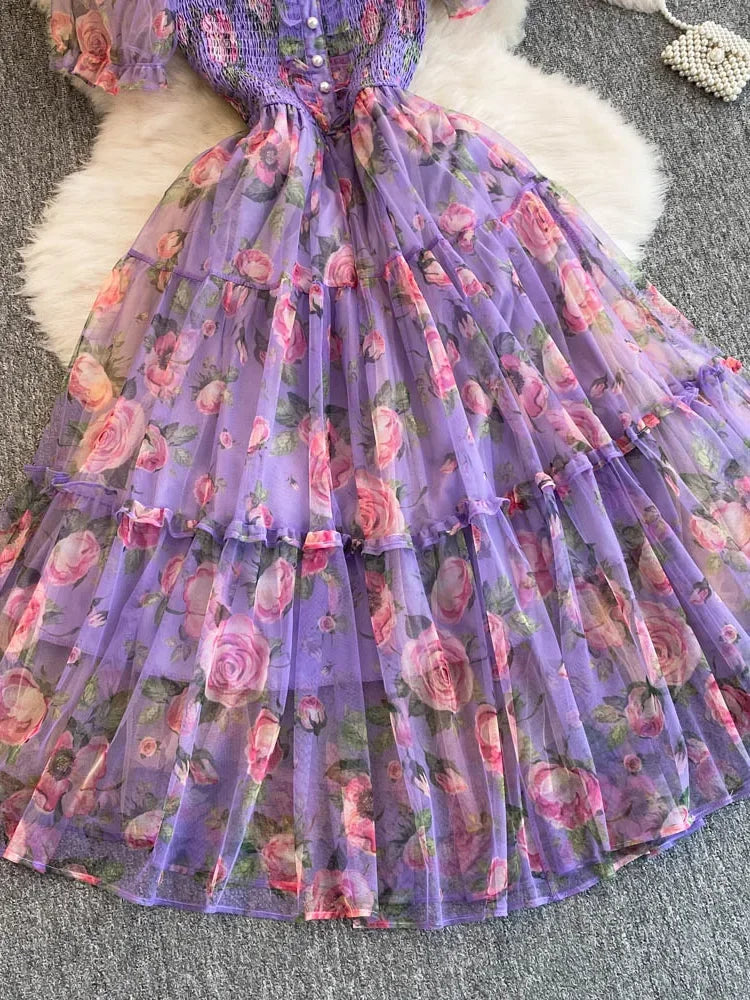 Summer Women Floral Mesh Midi Dress Sweet Square Collar Short Puff Sleeve Ruffle Vestidos Female Elegant Purple/Green/Red Robe