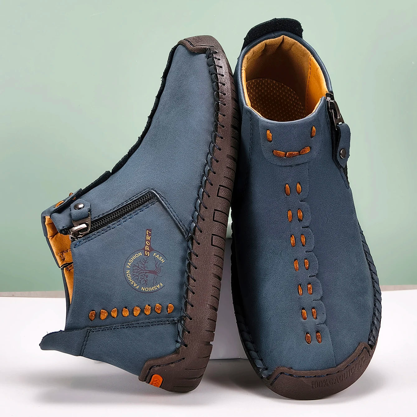 New Classic Handmade Leather Men Shoes Zipper Design Outdoor Sneakers Slip On Casual Shoes Leather Breathable Men Ankle Boots