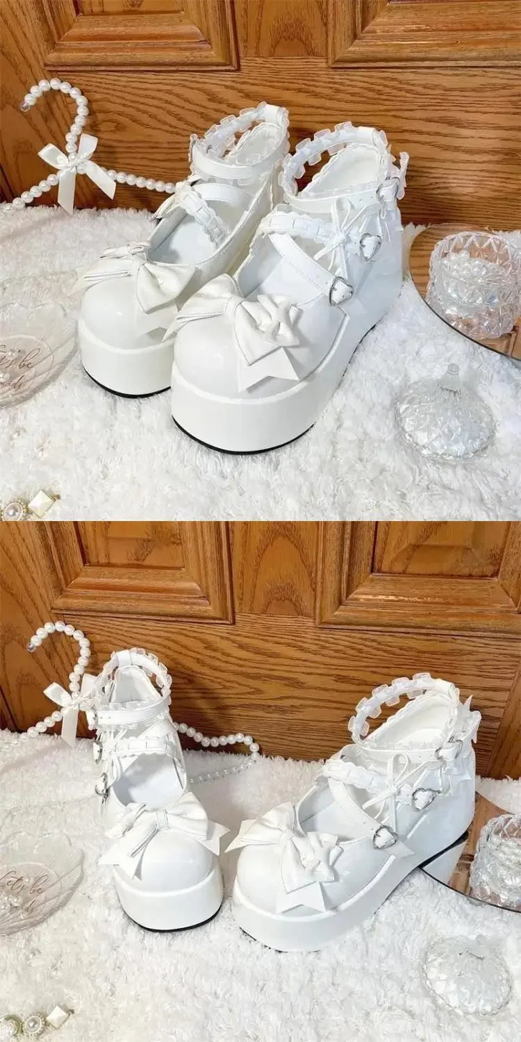 Lace Bowknot White Lolita Shoes for Women 2025 Heart Buckle Platform Mary Janes Woman Japanese Style Patent Leather Jk Shoes