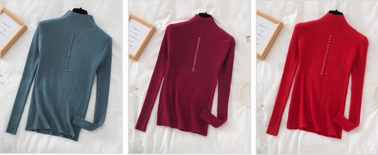 Women Turtleneck Pullovers Autumn Winter Jumper Knitted Basic Top Fashion Solid Color with Button Long Sleeve Ladies Sweater