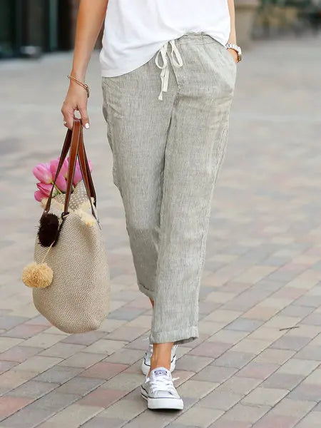 Women Elastic Drawstring Waist Cotton Linen Wide Leg Ankle Pants Summer Female Long Loose Trousers ARJ-K01