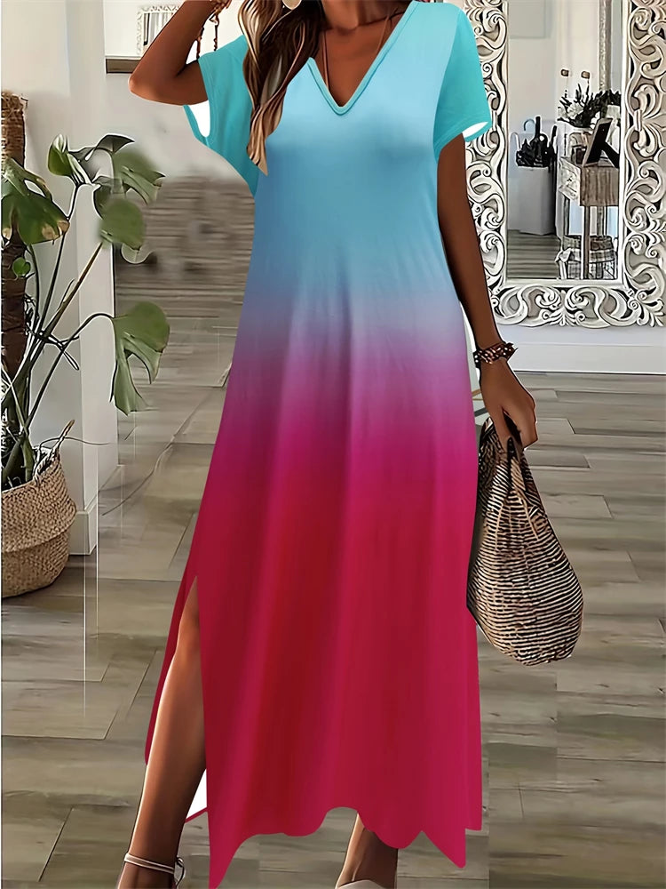 New 2025 Summer Women's Dresses Patchwork Geometric Printing Casual Temperament Dresses Fashion Beach Short Sleeve Dresses