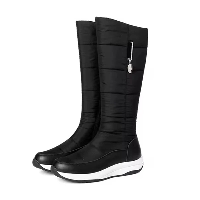 2025 Women Snow Boots Waterproof Down Plush Genuine Leather Red White Casual Travel Ladies Flat Heels Platform Knee High Boots