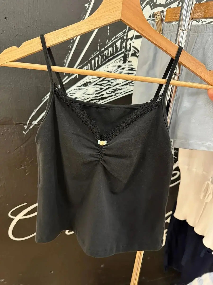 Lace Trim Black Tank Shorts Set Woman Summer Rose Folds V-neck Camisole+Bow Elastc Waist Panties Cotton Home Pajama 2 Piece Sets