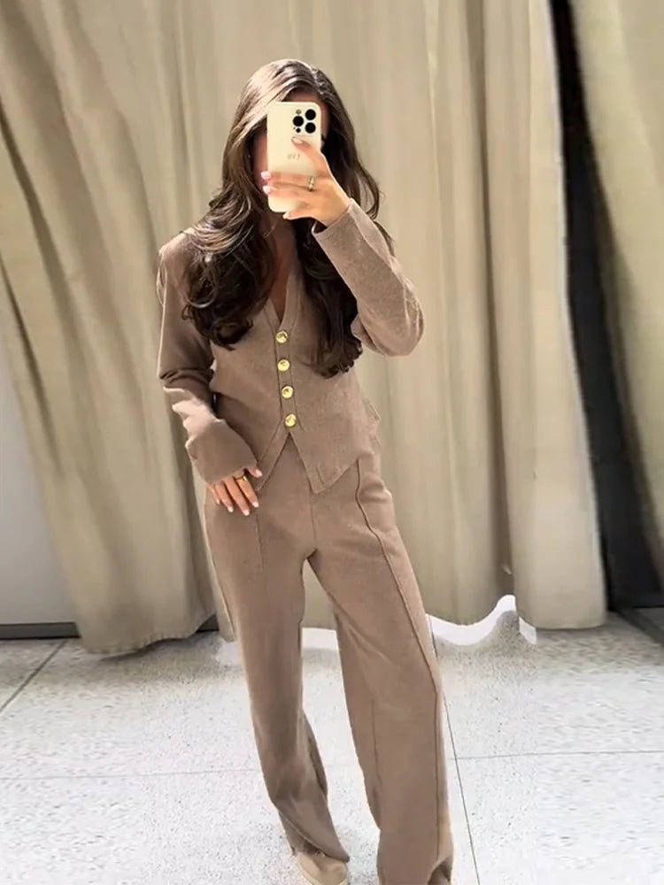 Casual Knitted Pant Suit Women Solid V-neck Full Sleeve Button Jacket Wide Trouser 2025 Autumn Fashion 2 Pieces Set Lady Outfits