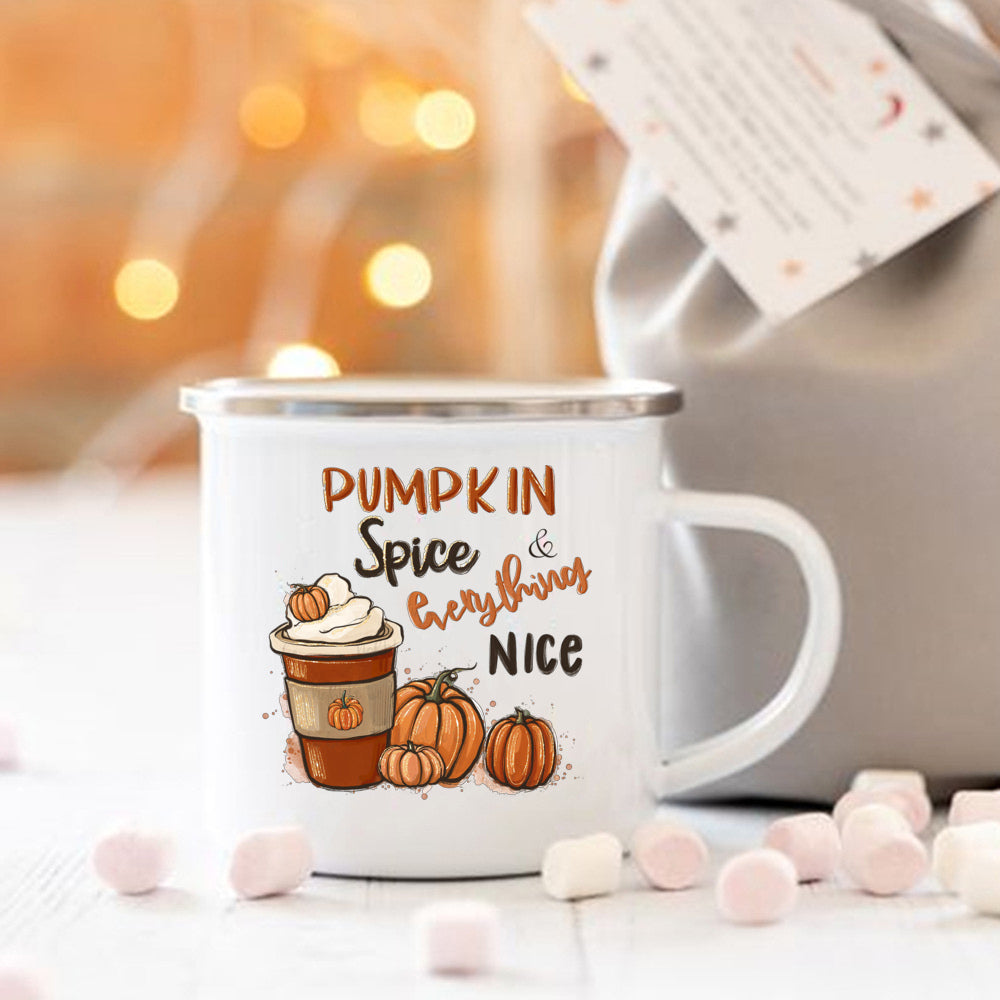 Pumpkin Spice and Everything Nice Enamel Mug Halloween Camping Mug Autumn Home Decor Fall Coffee Mug Festive Gifts for Kids