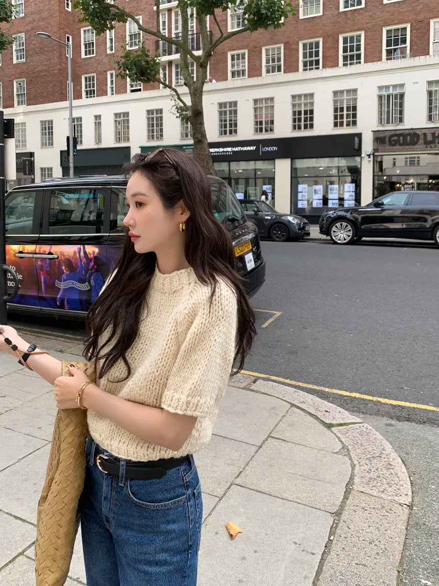 Chic Vintage Heavyweight Knitted Loose ort Sve Striped Sweater for Women Summer Collection oulder Sve