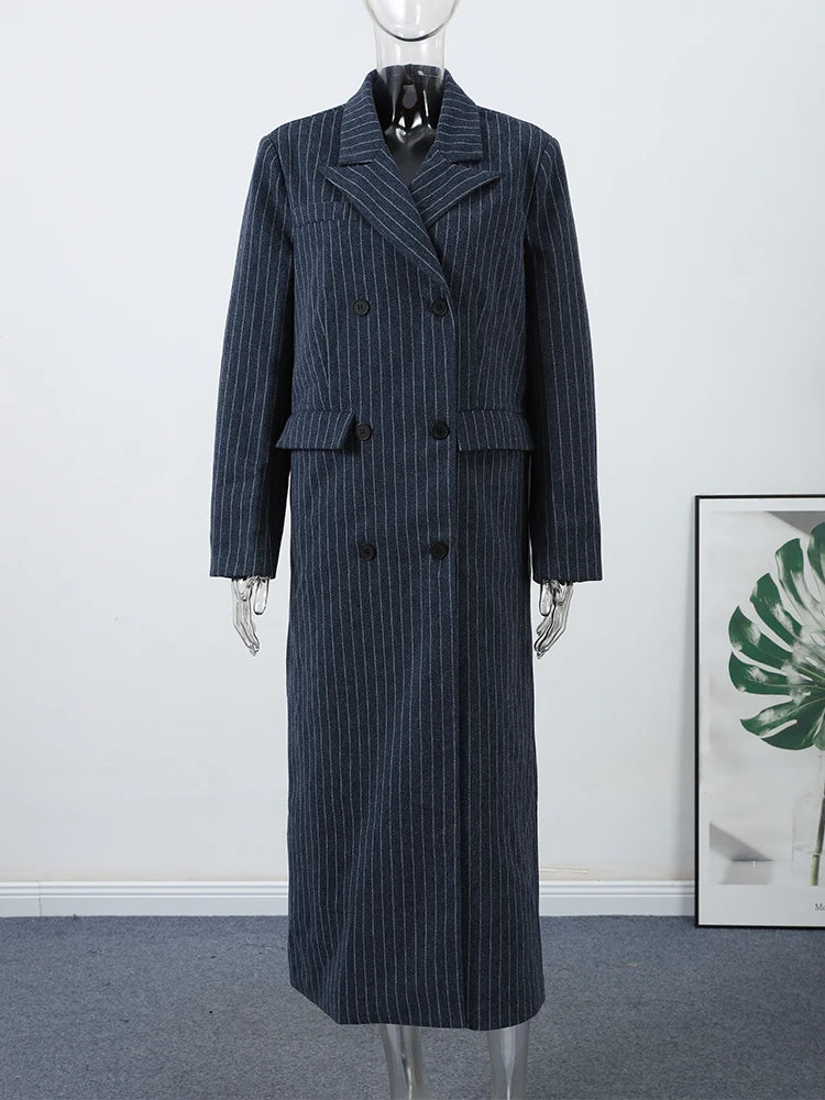 Casual Stripe Long Coat Women's Stylish V-neck Double-breasted Blazer With Shoulder Pad 2025 New Autumn Winter Ladies Outwear
