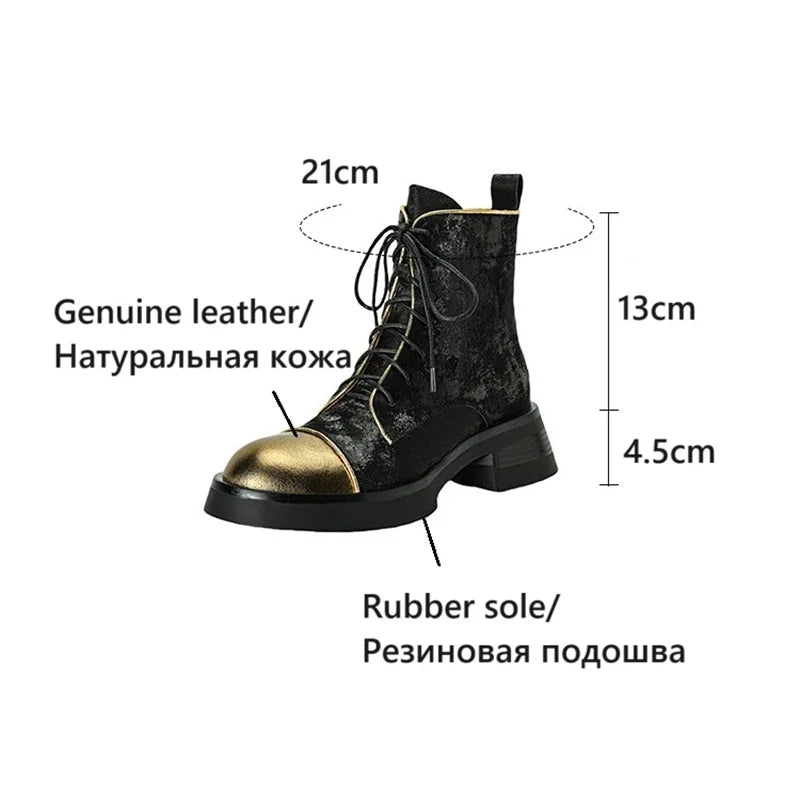 NEW Autumn Women Boots Genuine Leather Shoes for Women Round Toe Chunky Heel Shoes Lace-up Platform Boots Black Ankle Boots