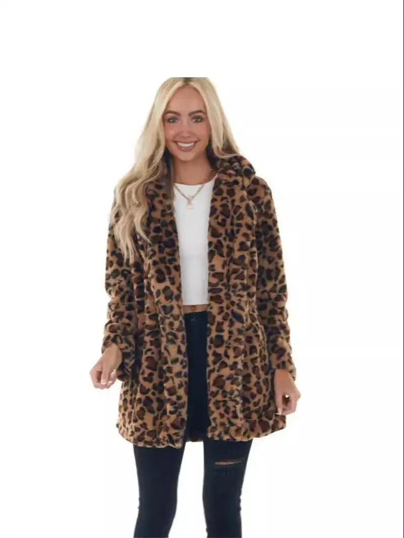 European and American autumn and winter leopard print women's clothing fashion temperament imitation fur women's clothing with p