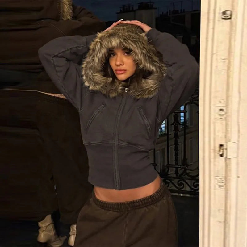 Fashion Solid Feather Hooded Short Jacket Women Zipper Pockets Full Sleeve Waist-closed Coat 2025 Autumn Lady New Street Outwear