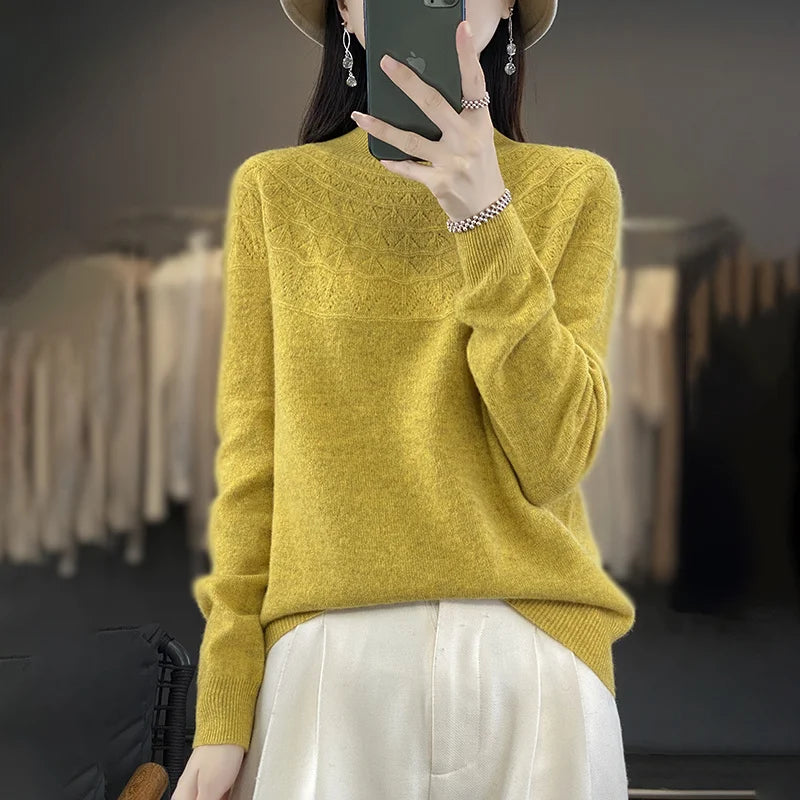 2024 New Line Of Garment Hollowed Out Half Height Women's High-grade Woolen Sweater 100% Pure Wool Multi-color Option WQ