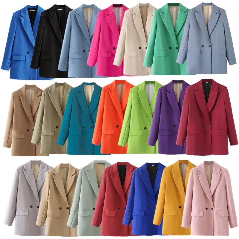 New Women's Double-Breasted Suit Jaet Casual Top 2 Colors Commute Sle Straight Cut Polyester Long Sve Pure Color