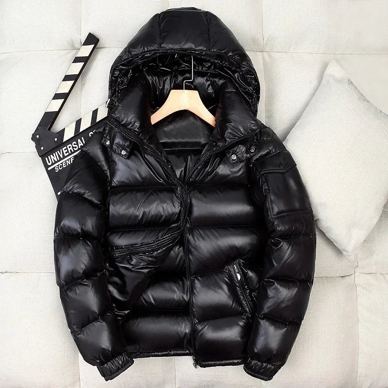 Mens Glossy Parka Casual White Duck Hooded Down Jacket Waterproof Windproof Ski Thick Warm Outwear Men Winter Fashion Shiny Coat