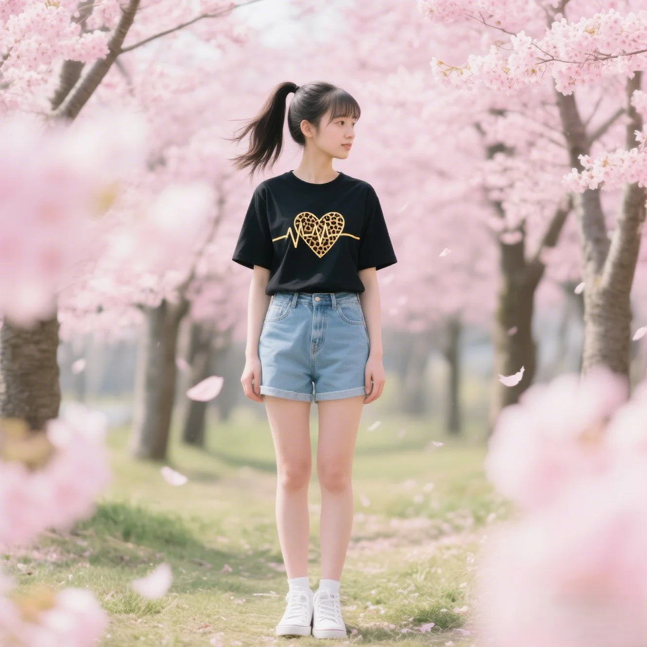 Summer new women's T-shirt with leopard print and heartbeat pattern, short-sleeved