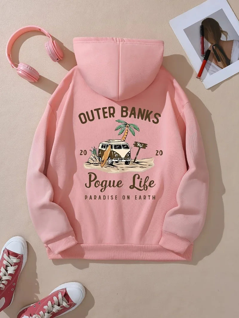Cozy Hoodie Women's Casual Hoodie Outer Banks Pogue Life Letter Print Beach Graphic Kangaroo Pocket Cozy Autumn Apparel Trendy