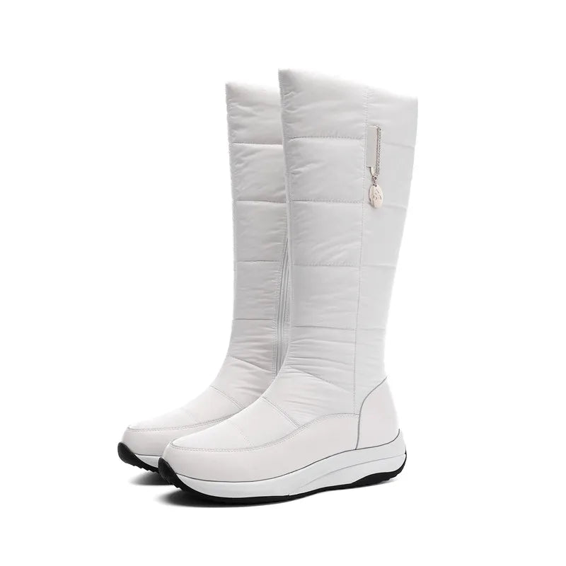 2025 Women Snow Boots Waterproof Down Plush Genuine Leather Red White Casual Travel Ladies Flat Heels Platform Knee High Boots
