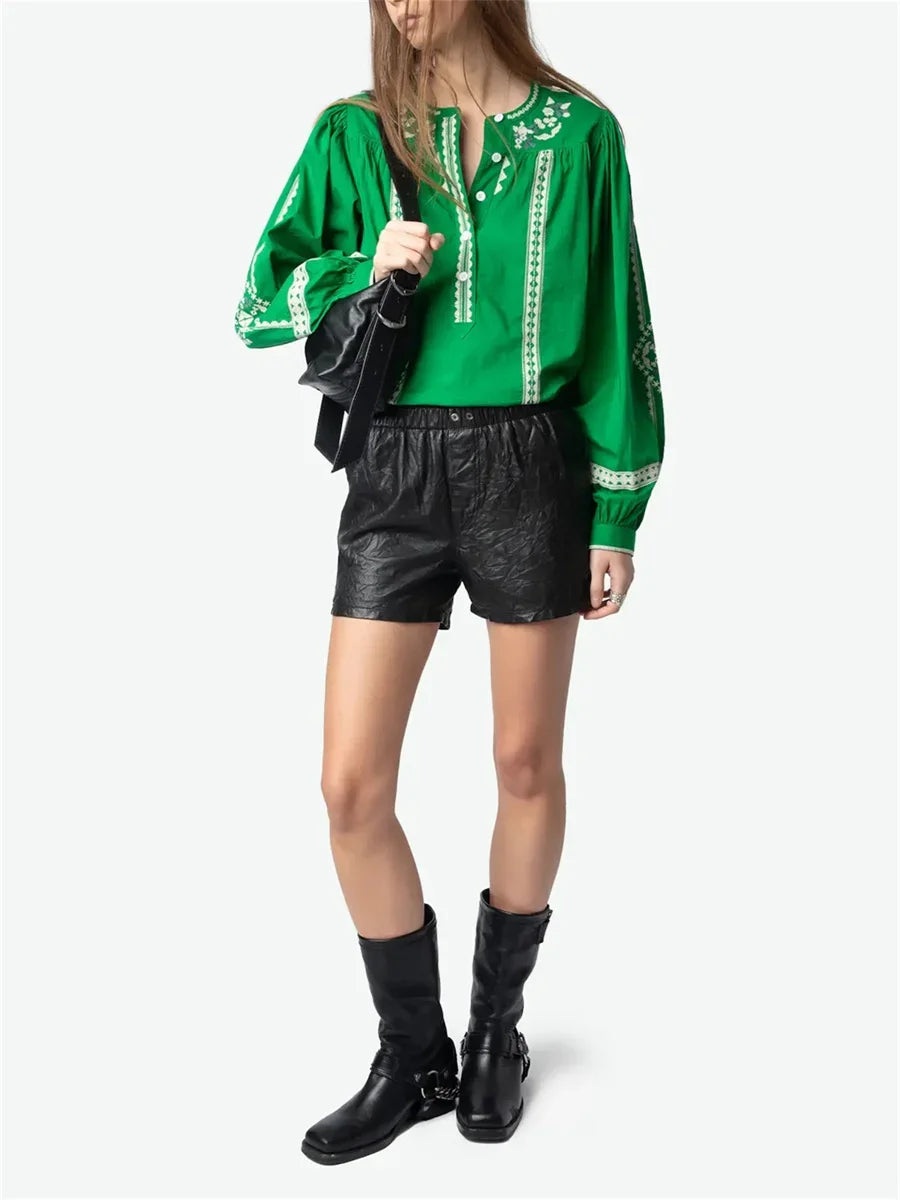 Women White Green Black Shirt Embroidery 100% Cotton Vintage Long Lantern Sleeve Front Buttons Lady O-neck Blouse 2025 Spring