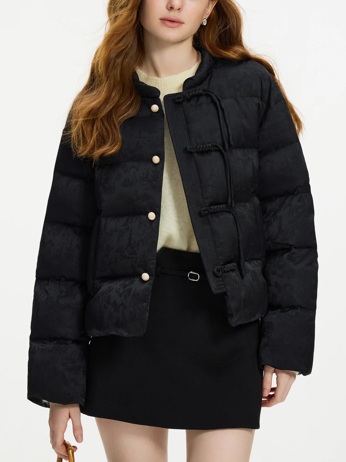 FSLE 115.2G Filling Amount Stand-up Collar New Chinese Style Down Coat For Women 2024 New Jacquard Warm Casual Jacket 24FS14068