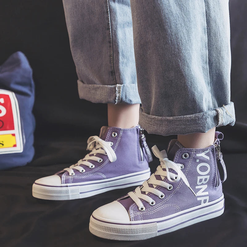 Fashion Purple Womens Canvas Shoes Spring and Autumn High Top Woman Shoes Zipper Breathable Canvas Sneakers Women Vulcanize Shoe
