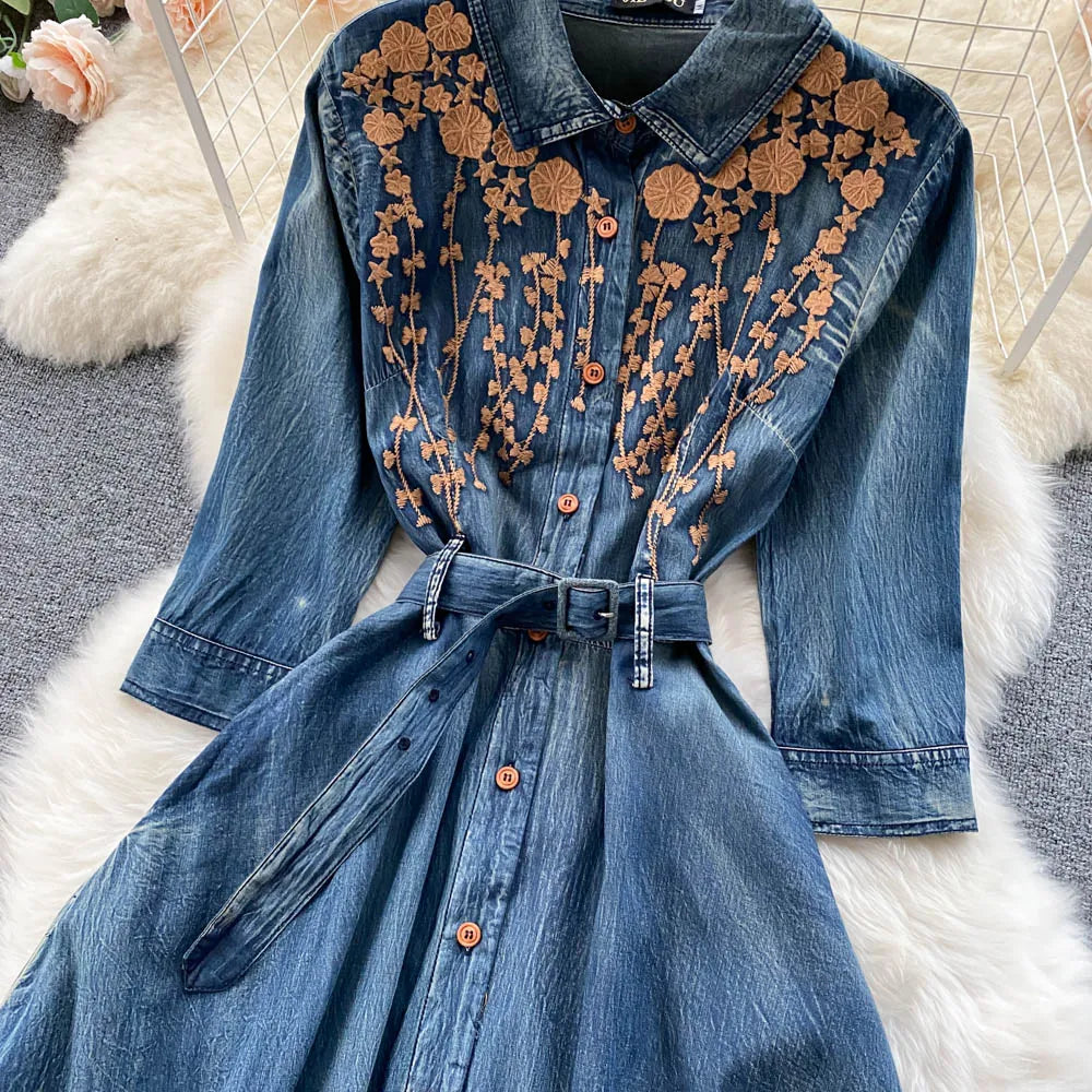 AYUALIN Denim Long Dress for Women Ethnic Floral Embroidery Boho A-line Casual Summer Vestidos Lapel Long Sleeve Dresses Lady