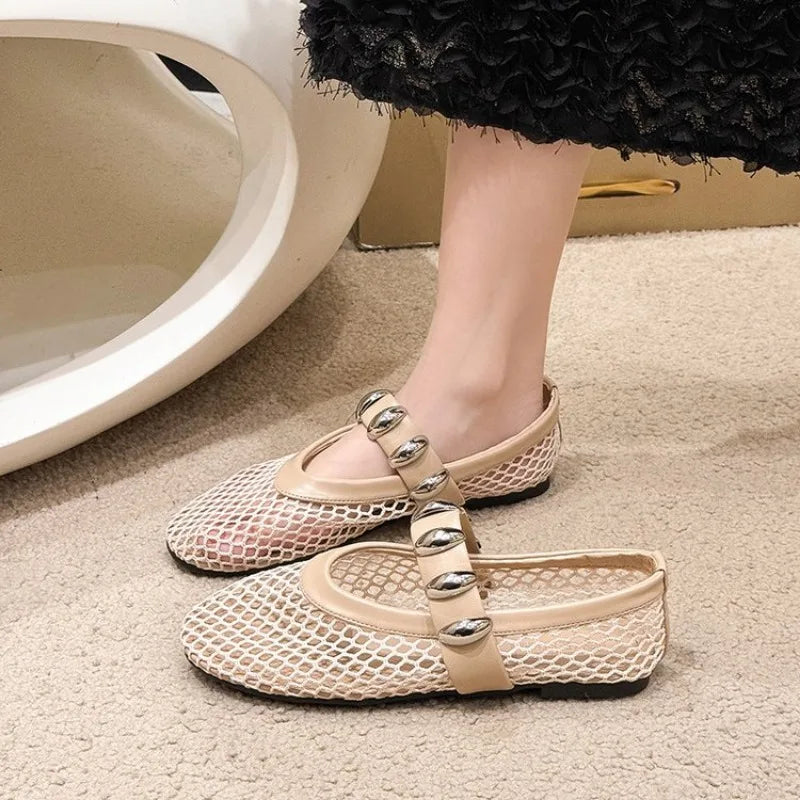 Spring New Flat Shoes Women Fashion Round Head Shallow Mouth Mesh Cloth Breathable Metal Buckle Soft Sole Single Shoes