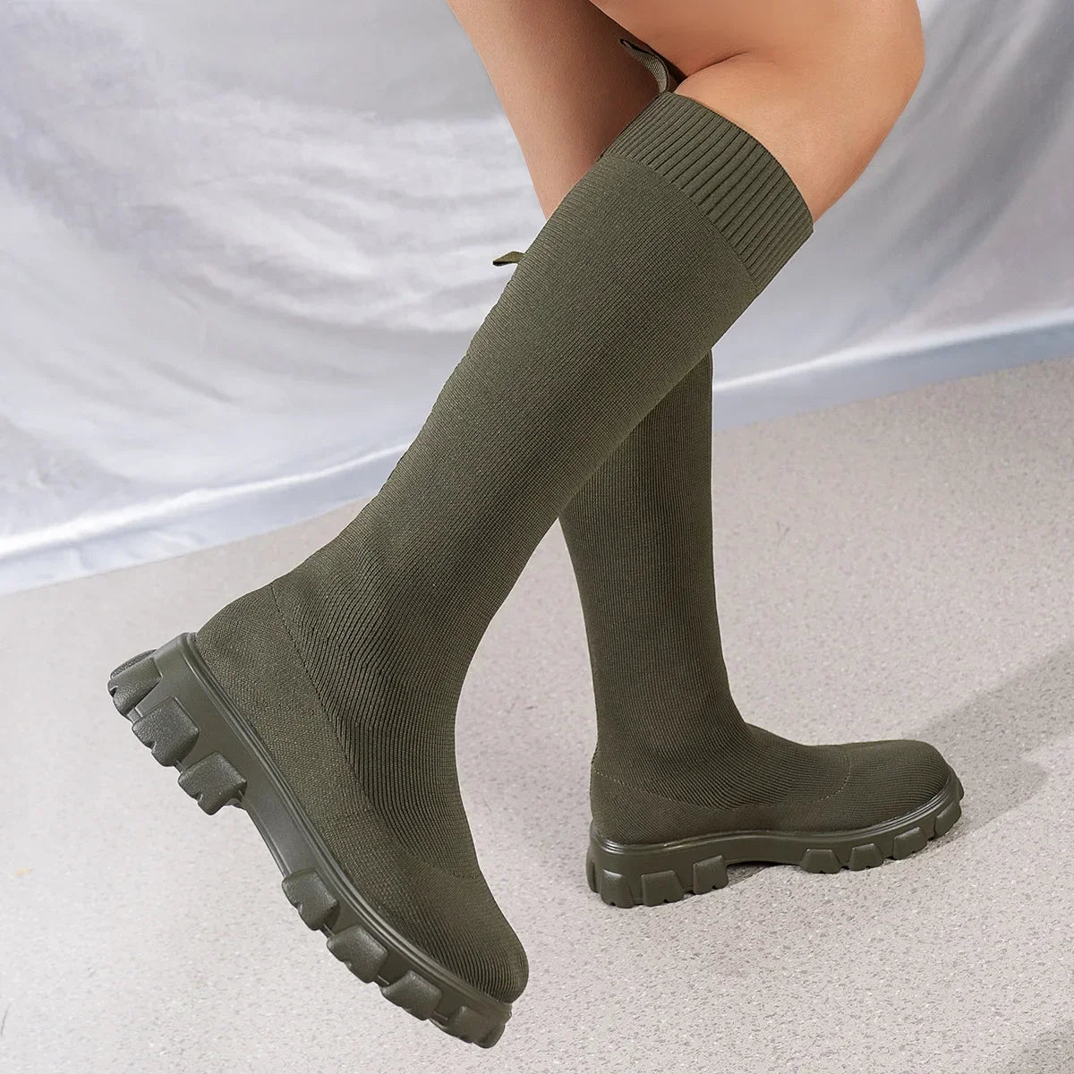 Thick Sole Knitted Long Boots for Women Fashion Elastic Socks Shoes Boots Over Knee Round Toe Low Heels Botas De Mujer 2024