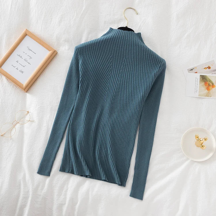 Women Turtleneck Pullovers Autumn Winter Jumper Knitted Basic Top Fashion Solid Color with Button Long Sleeve Ladies Sweater