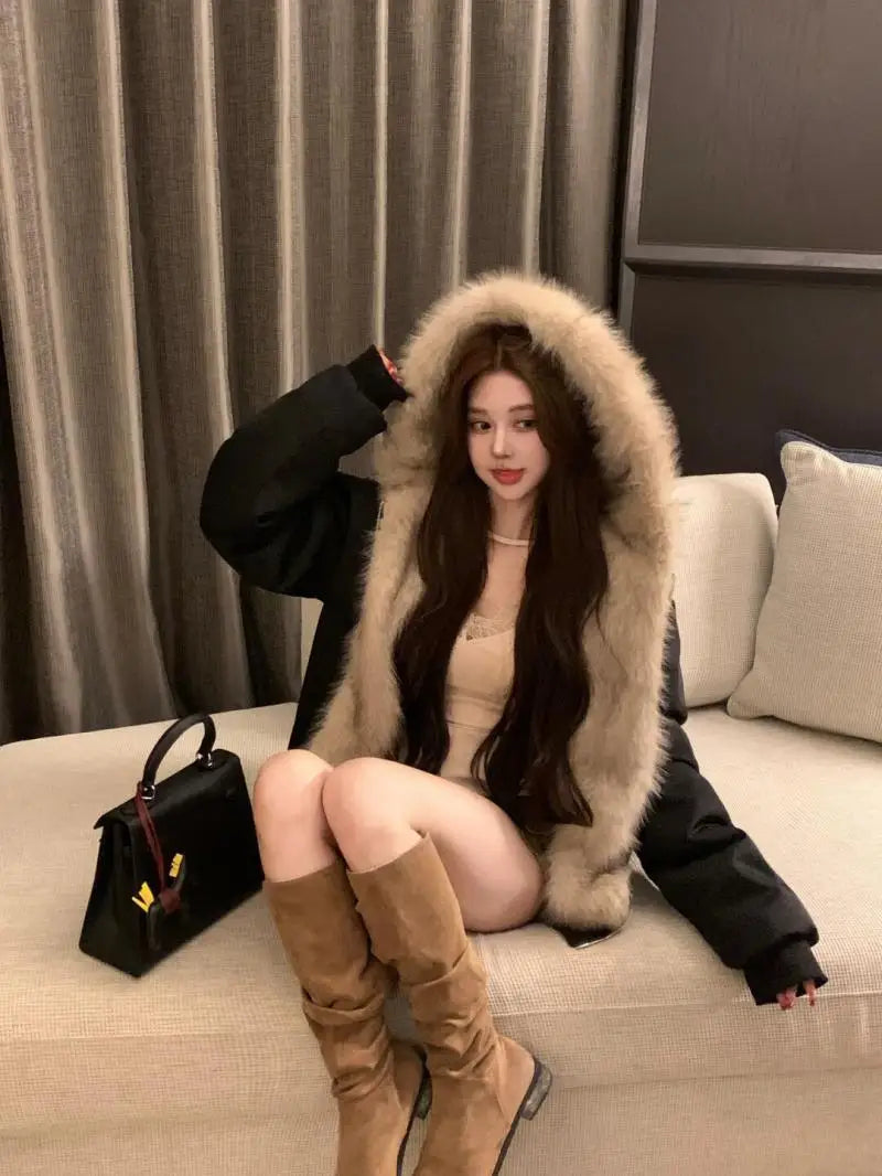 Double-Sided Warm Fur Coat Women Autumn Winter Loose Thicken Plush Cotton Coat 2025 New Women Hooded Imitation Mink Fur Outwear