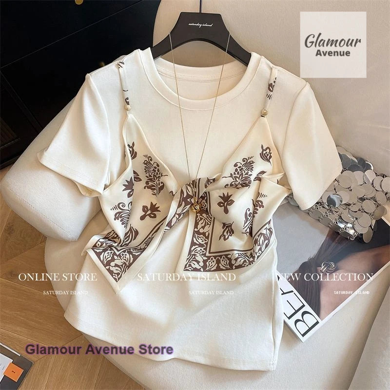 French fashion design chic printed silk scarf sling fake two-piece T-shirt women's summer new loose casual Joker slim top