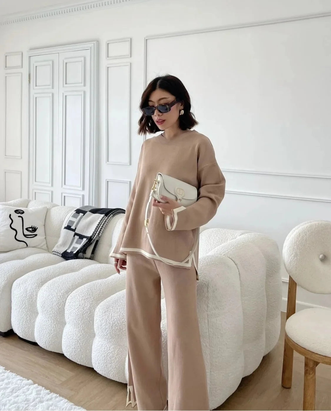2024 Autumn Collection Elegant Color Blocking Side Slit Long Sleeve Knitted Top High-Waisted Slimming Bell Bottom Trousers Two-P