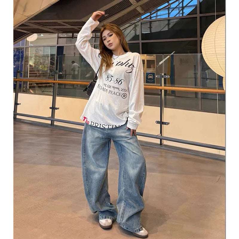 Autumn Women's Blue Y2k Baggy Jeans Harajuku Vintage Printing Denim Trousers Japanese 2000s Style Jeans Pants Oversize Clothes