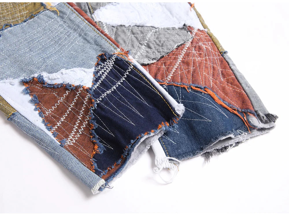 Men Patchwork Denim Jeans Release Hem Colorful Patches Embroidery Pants Non Stretch Cotton Slim Straight Trousers