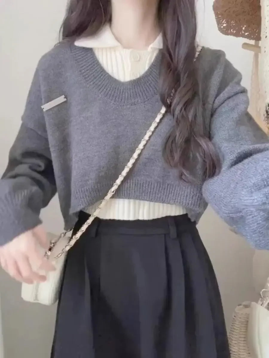 Preppy Style Women's Polo Collar Sweater 2-Piece Set Cropped Idle Style Knit Suit V-Neck Top For Spring And Autumn