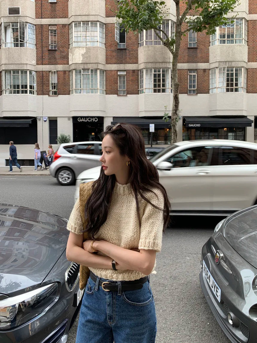 Chic Vintage Heavyweight Knitted Loose ort Sve Striped Sweater for Women Summer Collection oulder Sve